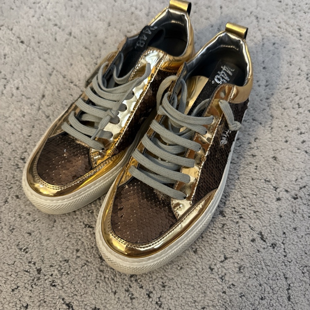 Gold and Brown Sneakers with Gray Laces
